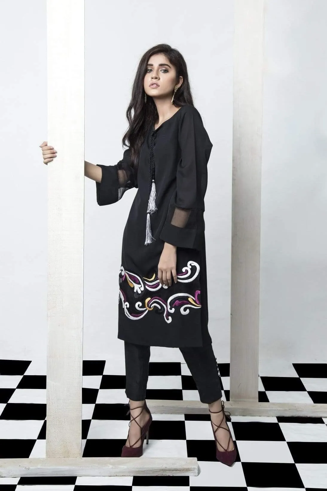 Natasha Kamal - Black Tunic Featuring Embroidered Organza Insert (Two Piece Set)