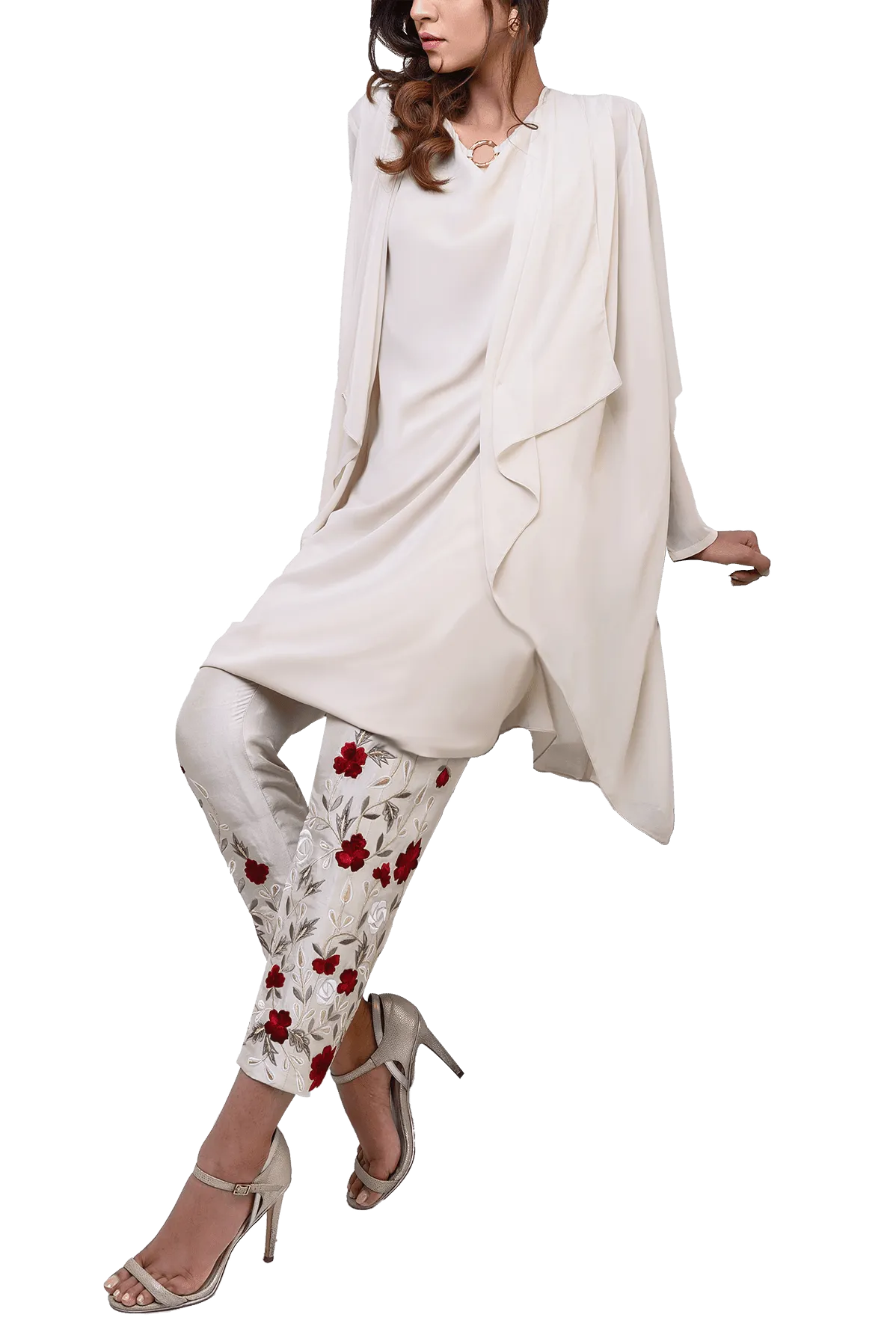 Natasha Kamal -  Floretta Georgette Chiffon Jacket & Tunic With Raw Silk Trousers