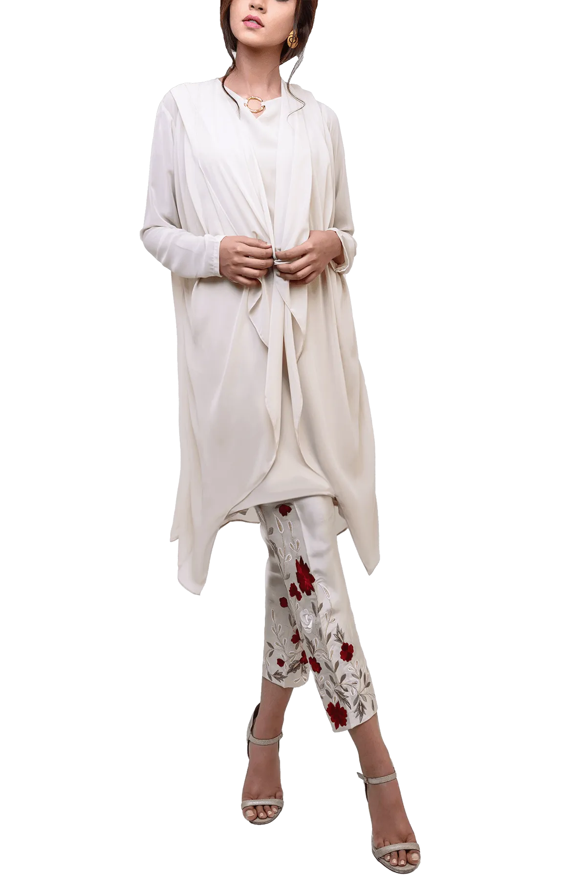 Natasha Kamal -  Floretta Georgette Chiffon Jacket & Tunic With Raw Silk Trousers