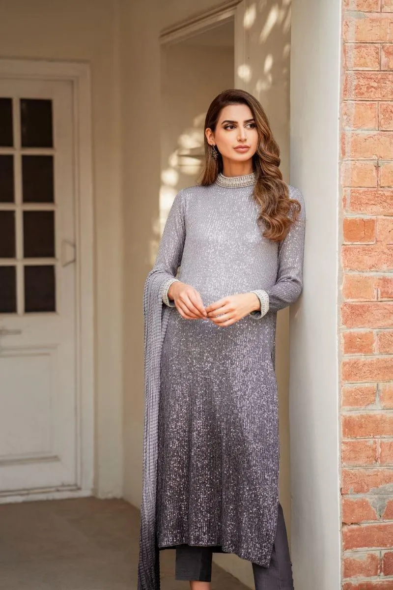 Natasha Kamal - Grey Embroidered Shirt and Pants with Ombre Crushed Silk Dupatta - 3 Piece