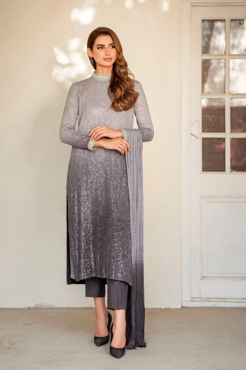 Natasha Kamal - Grey Embroidered Shirt and Pants with Ombre Crushed Silk Dupatta - 3 Piece