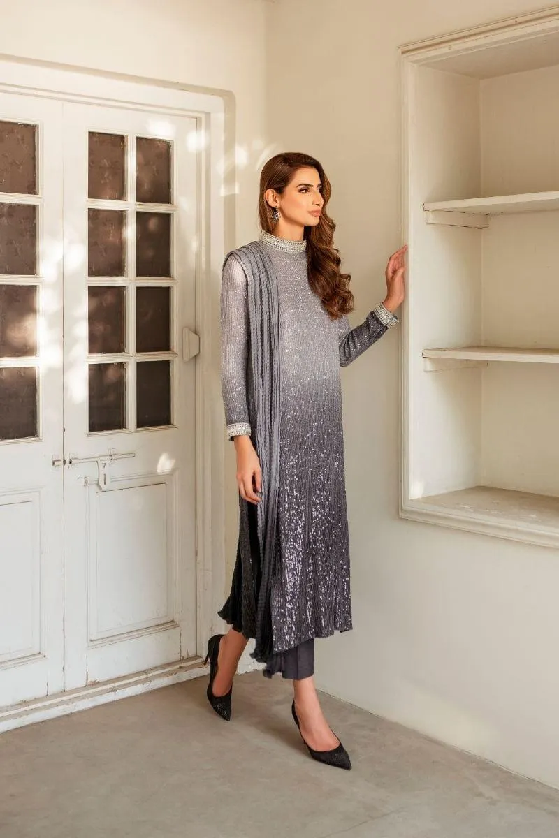 Natasha Kamal - Grey Embroidered Shirt and Pants with Ombre Crushed Silk Dupatta - 3 Piece