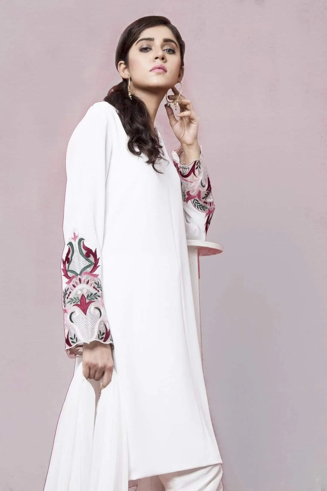 Natasha Kamal - Rose Hues Embroidery on White Sleeves