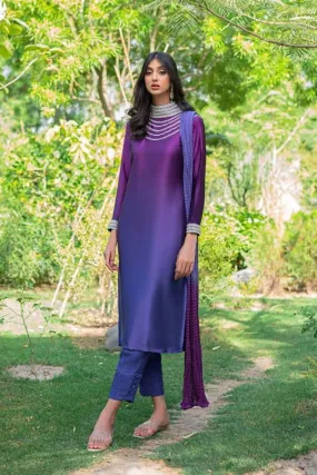 Natasha Kamal - Violet Charmeuse Silk Shirt with Raw Silk Pants and Silk Dupatta - 3 Pieces