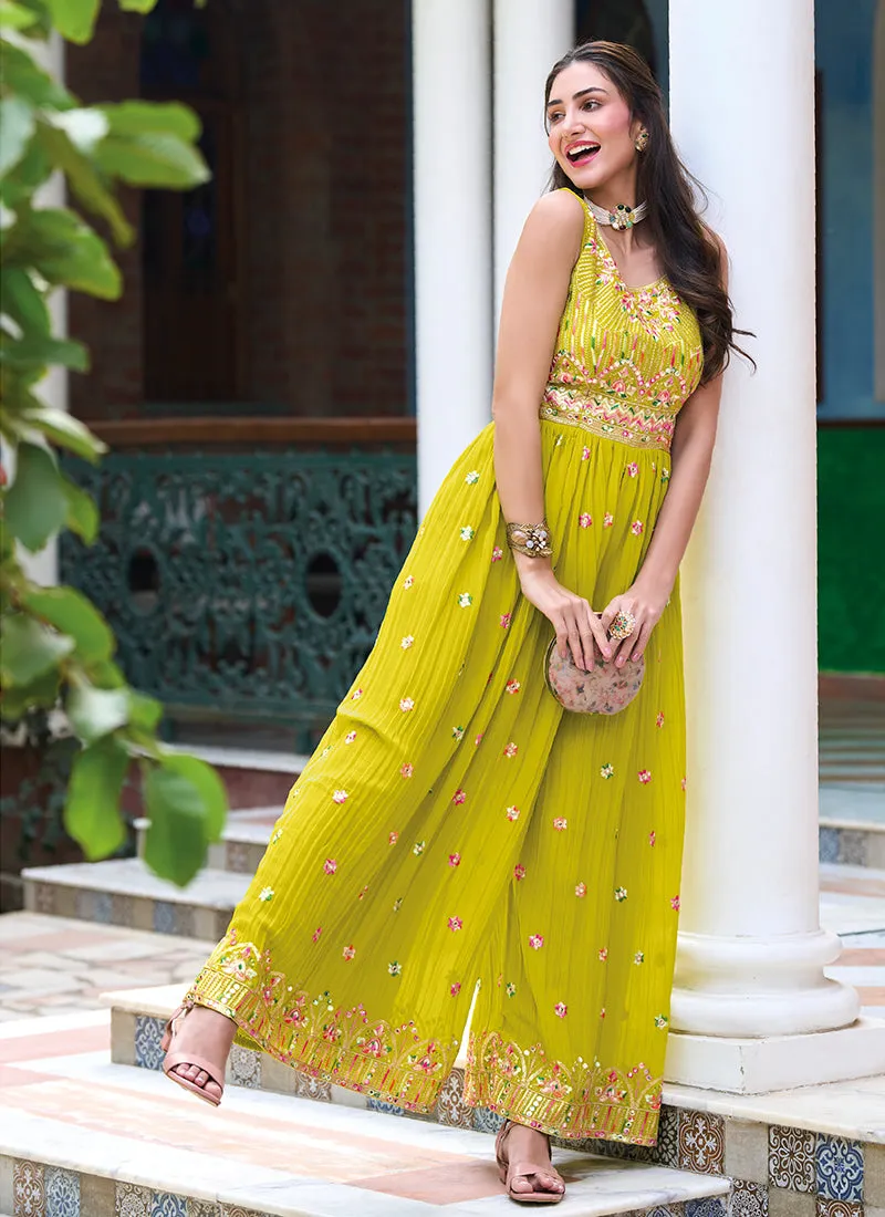 Neon Yellow Multi Embroidered Flared Jumpsuit