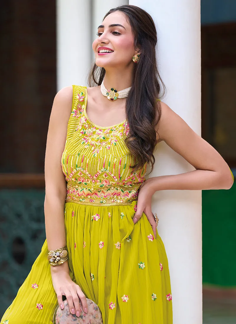 Neon Yellow Multi Embroidered Flared Jumpsuit