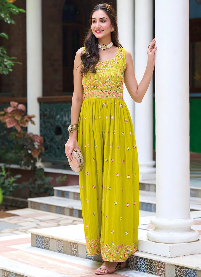 Neon Yellow Multi Embroidered Flared Jumpsuit