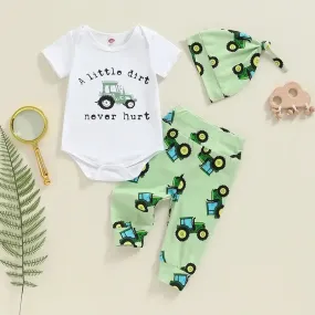 Newborn Boys Short Sleeve Tractor Print Romper Pants Hat Set