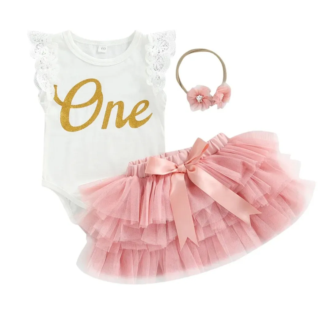 One Ruffle Lace Romper with Tutu Bloomer and Headband #1001080