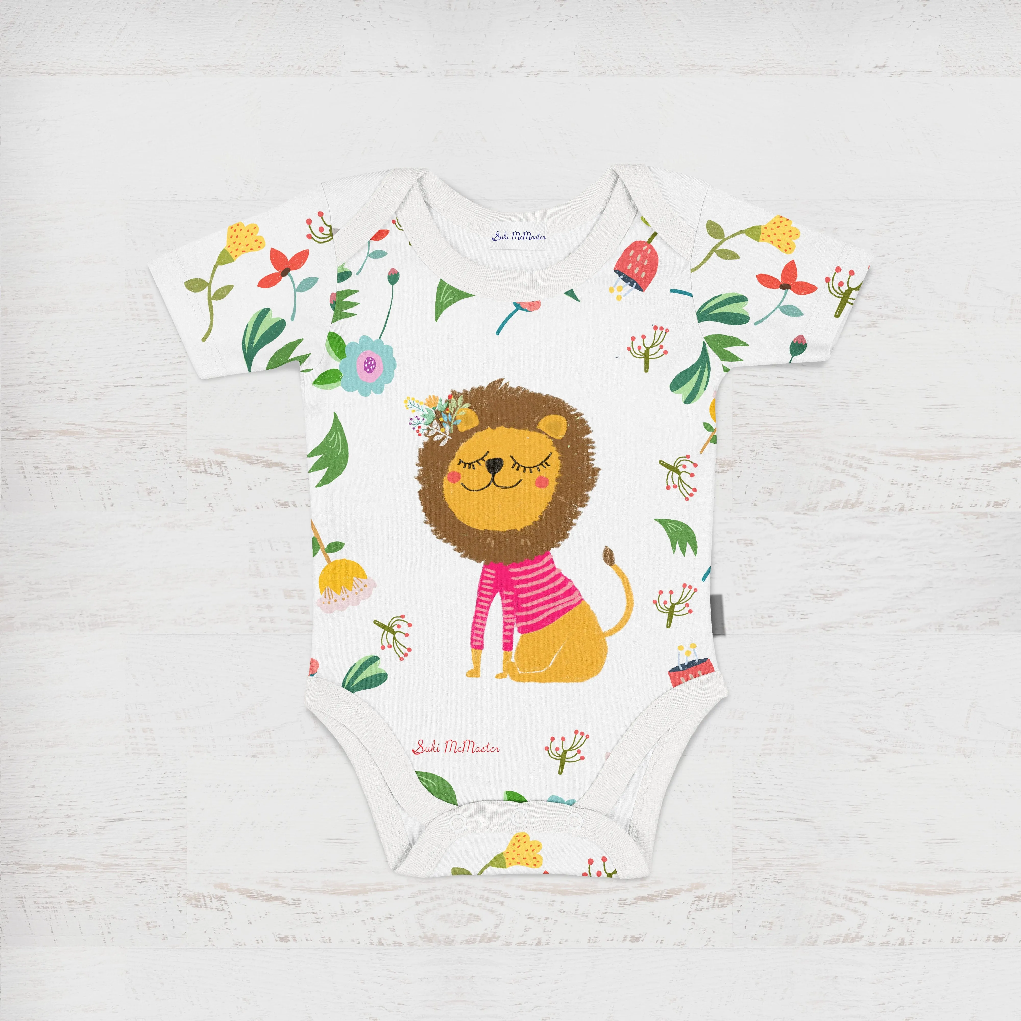 Organic Cotton Baby Onesie Romper - Lion and Flowers by Suki McMaster