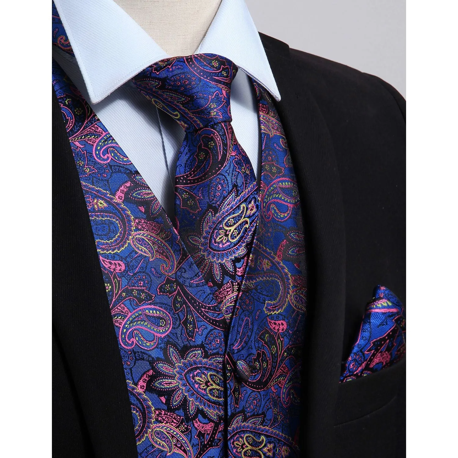 Paisley Suit Vest Tie Handkerchief Set - BLUE & PINK