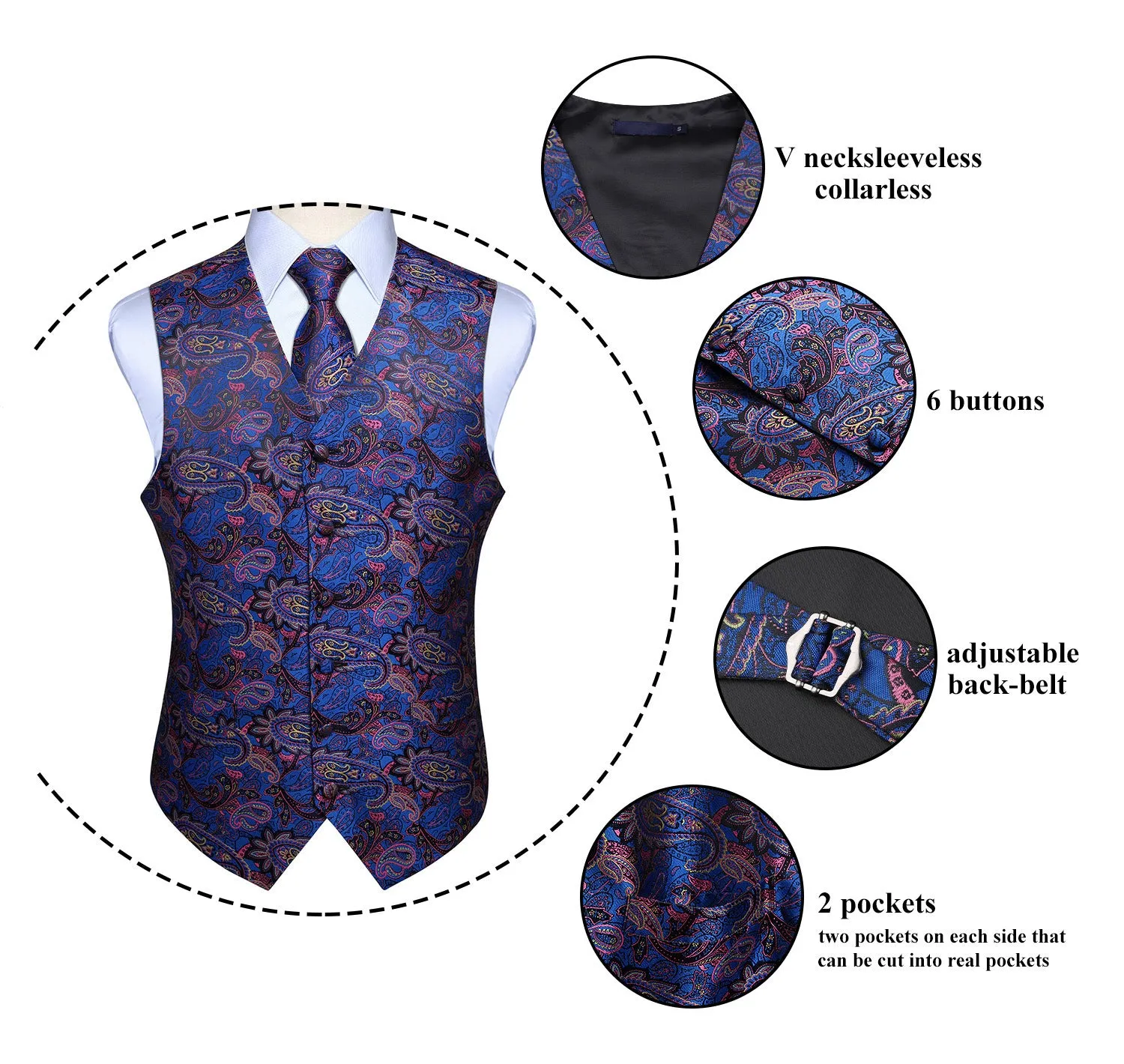 Paisley Suit Vest Tie Handkerchief Set - BLUE & PINK