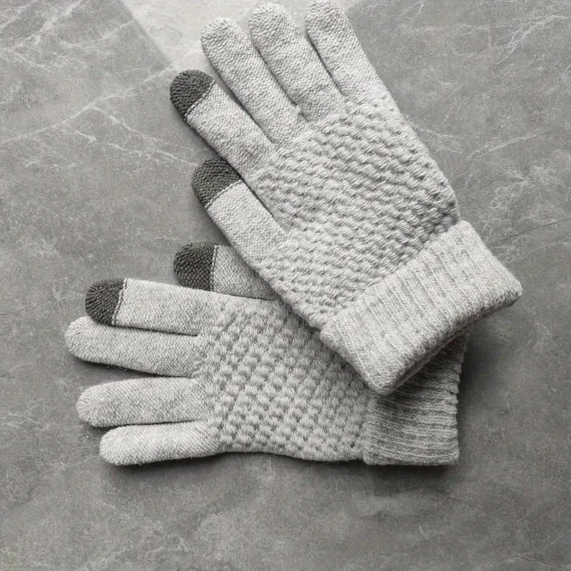 Pineapple Pattern Jacquard Knit Gloves Thickened Warm Touchscreen Gloves Winter Solid Color Coldproof Split Finger Gloves