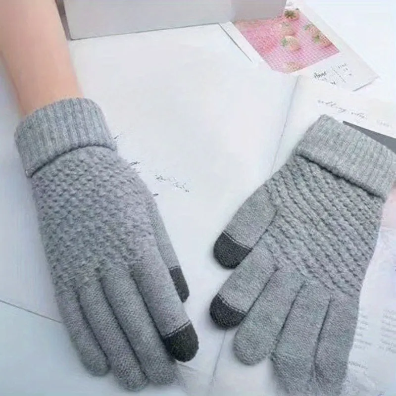 Pineapple Pattern Jacquard Knit Gloves Thickened Warm Touchscreen Gloves Winter Solid Color Coldproof Split Finger Gloves