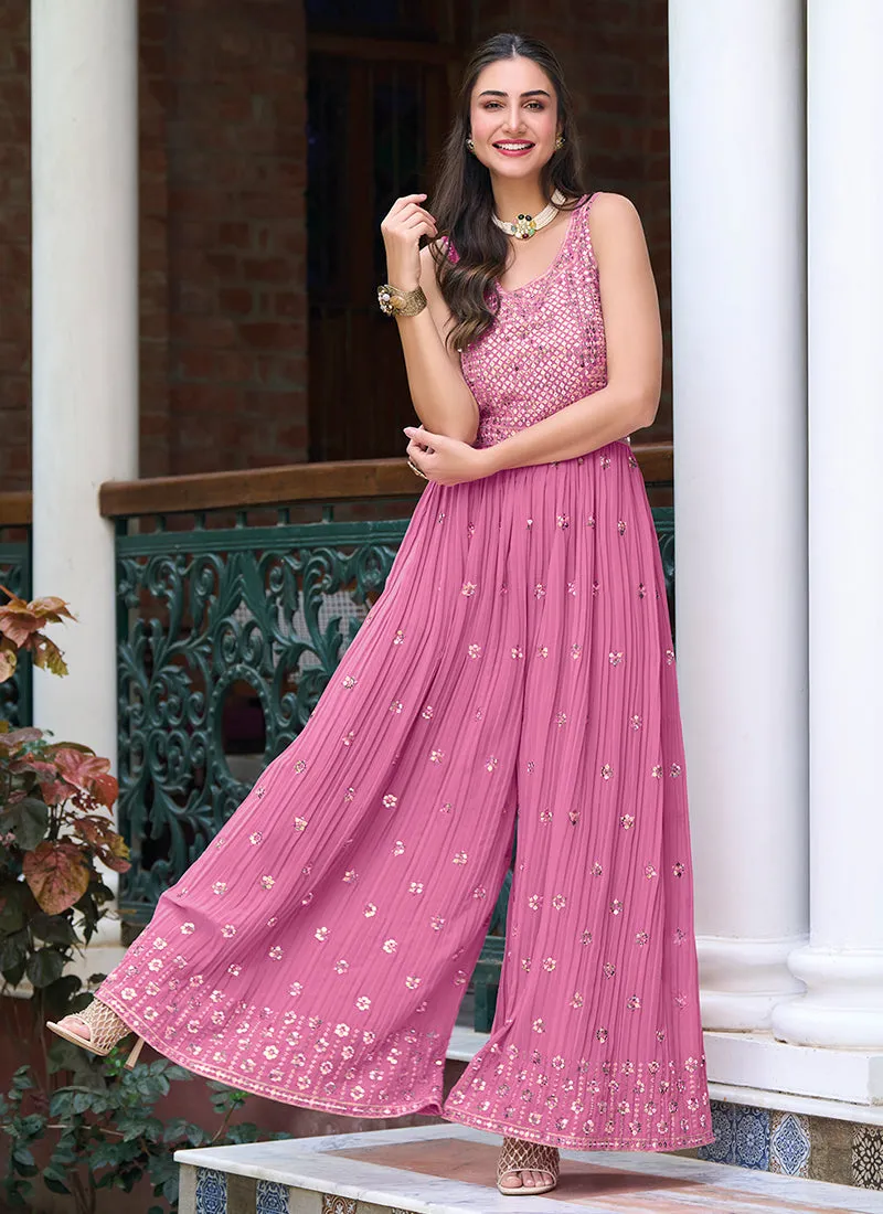 Pink Multi Embroidered Flared Jumpsuit