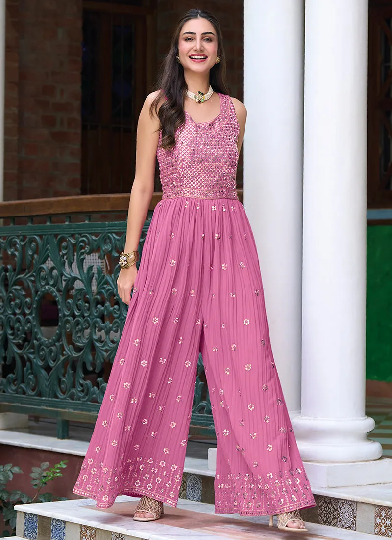 Pink Multi Embroidered Flared Jumpsuit