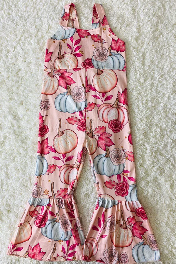 Pink pumpkin print sleeveless one piece girls romper jumpsuit 1176WY