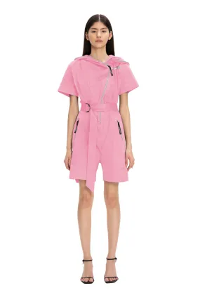 Pink Short Sleeve Hooded Short Belted Casual Jumpsuit GAGA