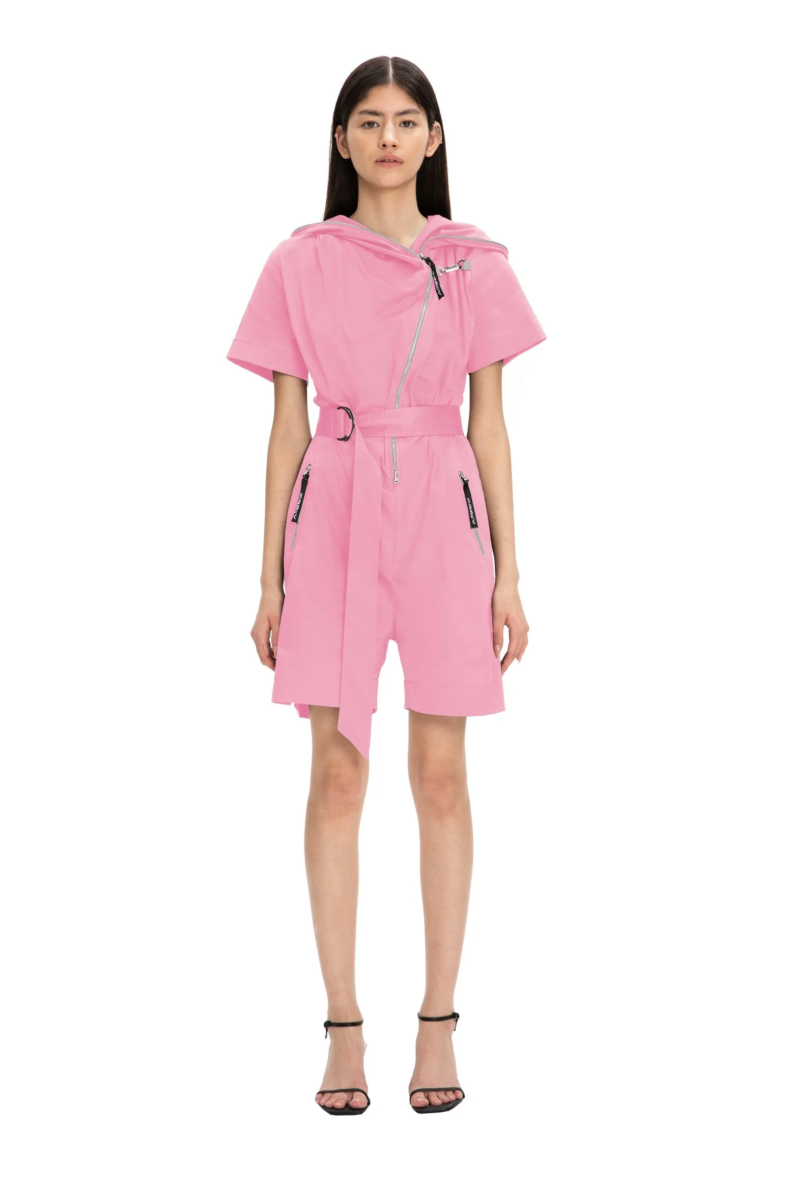 Pink Short Sleeve Hooded Short Belted Casual Jumpsuit GAGA