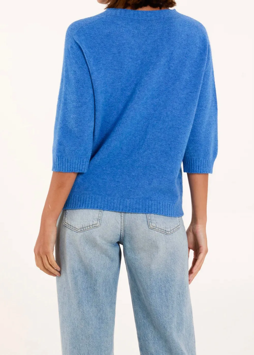 Plain Crew Neck Elbow Length Sleeve Fine Knit Jumper (3 Colours)