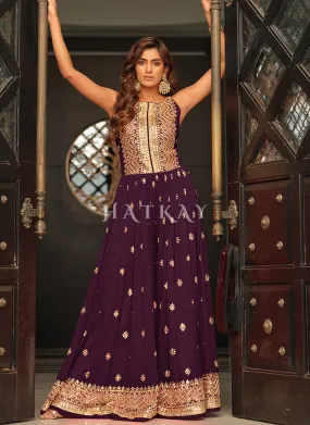 Purple Traditional Embroidered Flared Jumpsuit