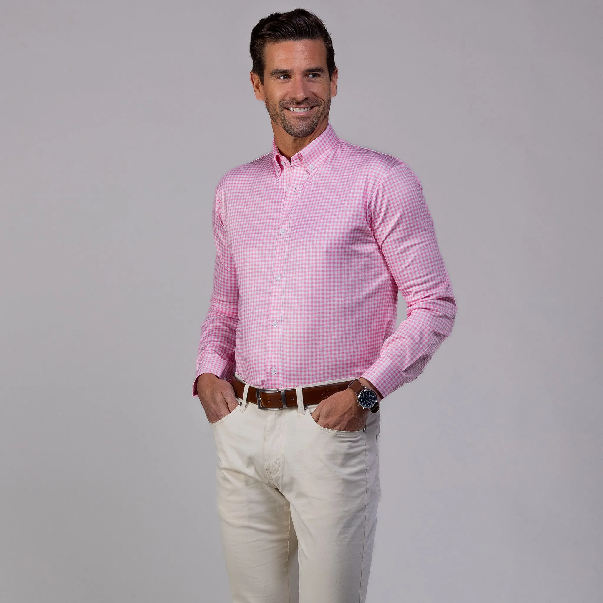 Quattro Flex Dress Shirt with Button Down Collar Pink Gingham