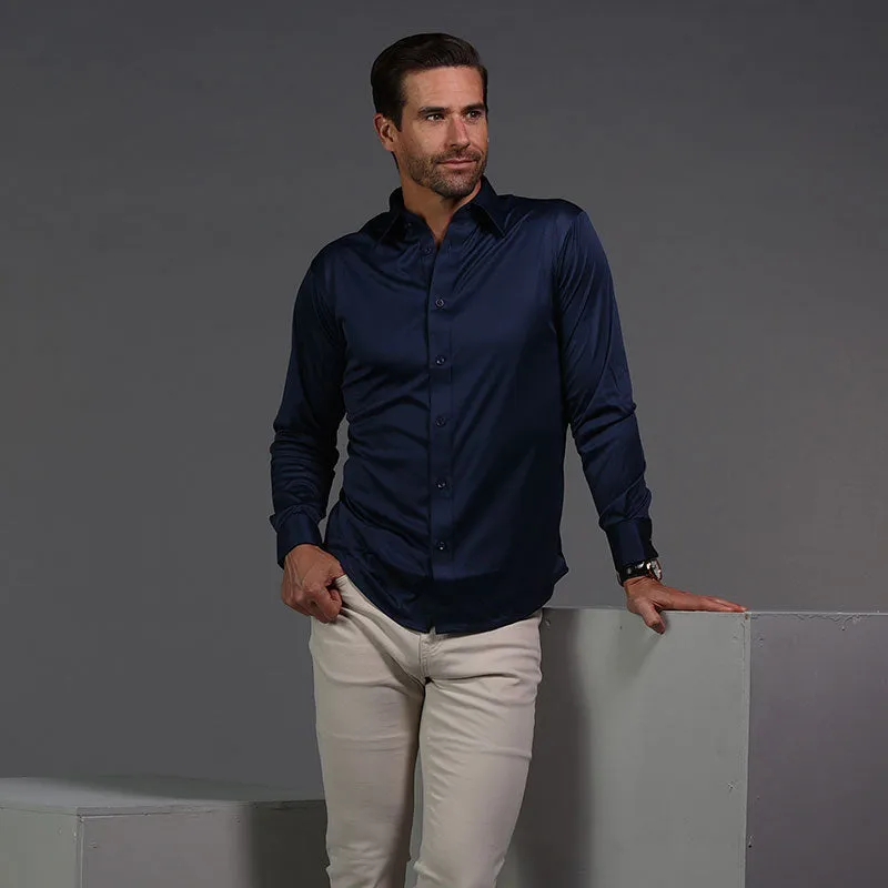 Quattro Flex Dress Shirt with English Spread Collar Navy