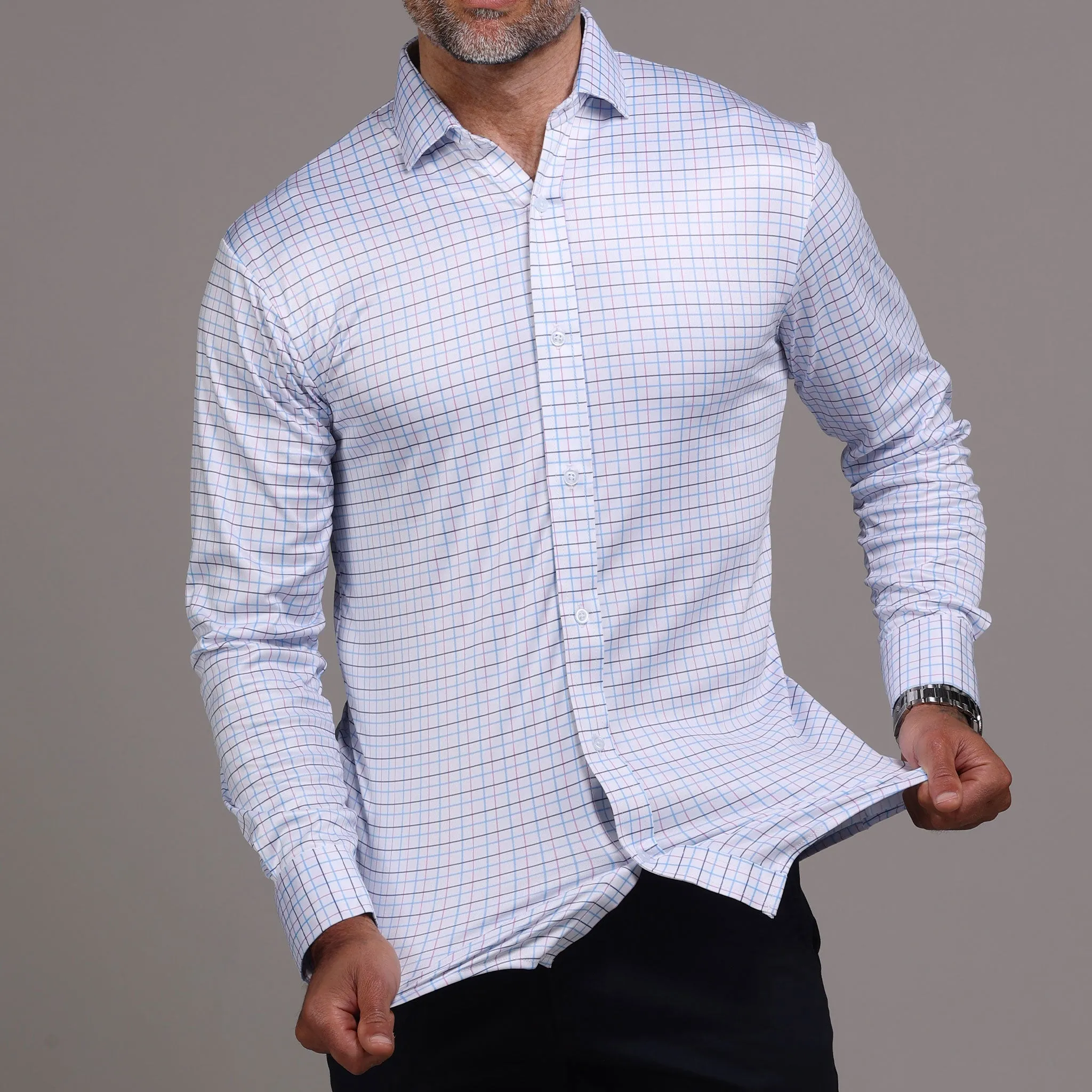 Quattro Flex Dress Shirt with Semi-Spread Collar Blue and Pink Tattersall