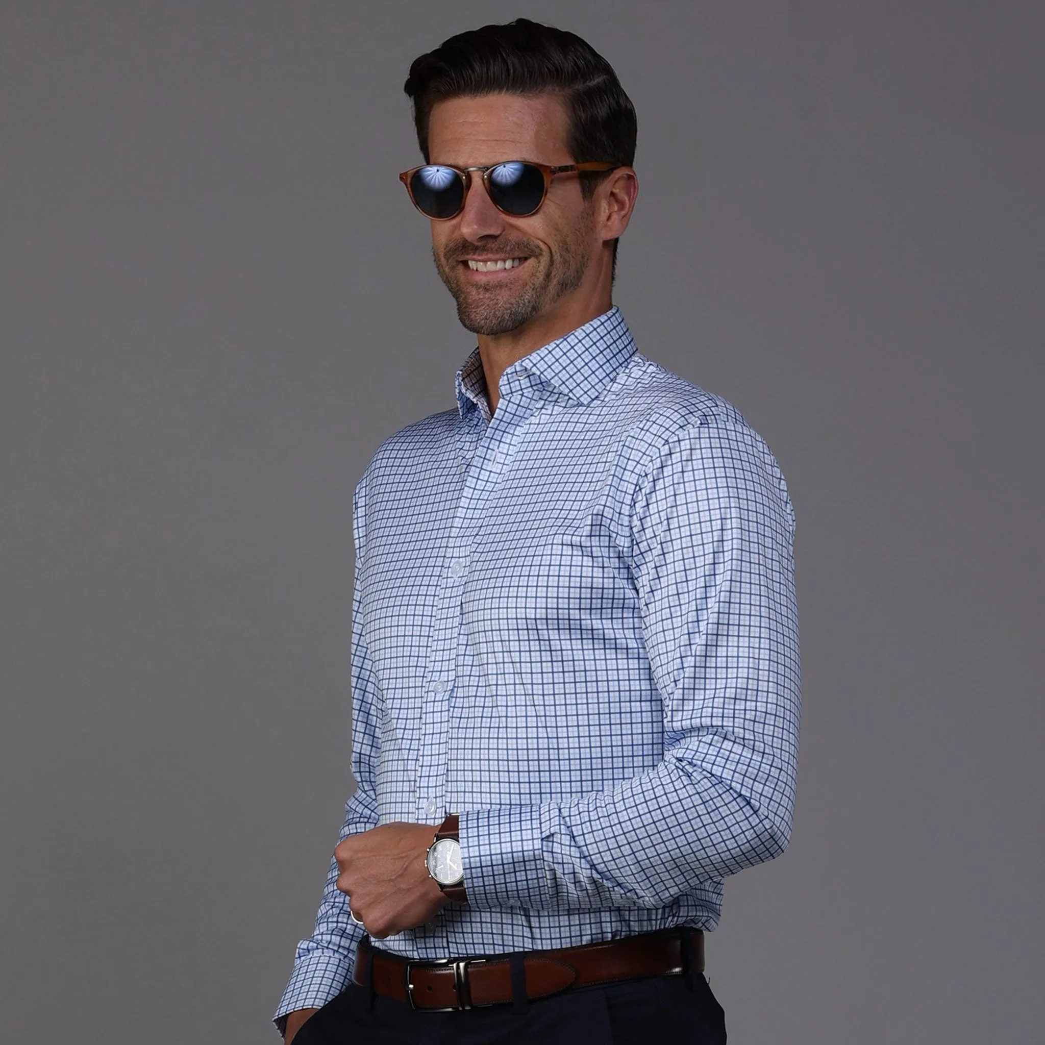 Quattro Flex Dress Shirt with Semi-Spread Collar Blue Tattersall