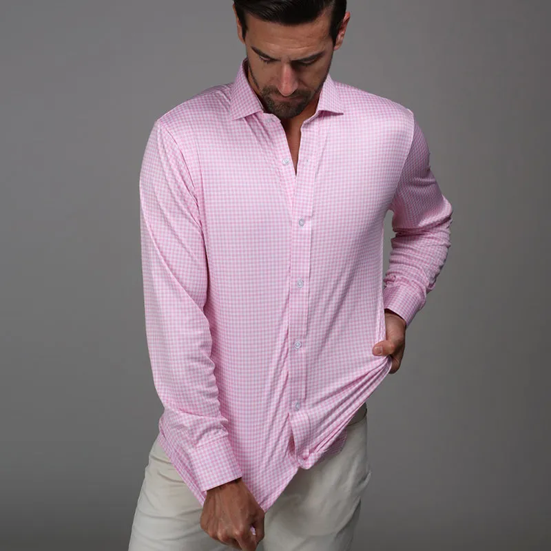 Quattro Flex Dress Shirt with Semi-Spread Collar Pink Gingham