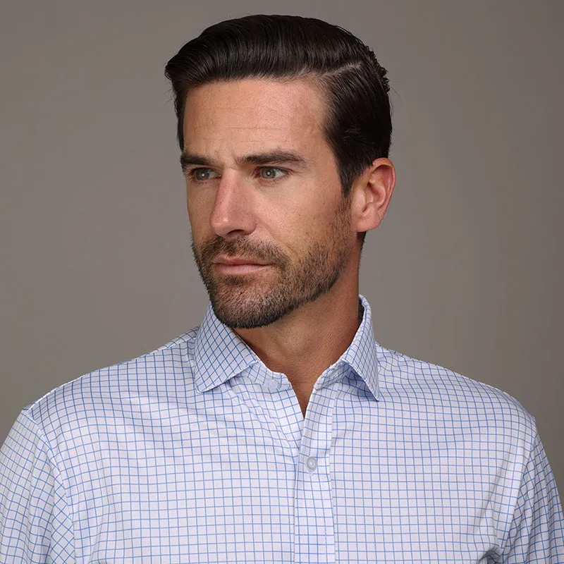 Quattro Flex Dress Shirt with Semi-Spread Collar Thin Blue Check