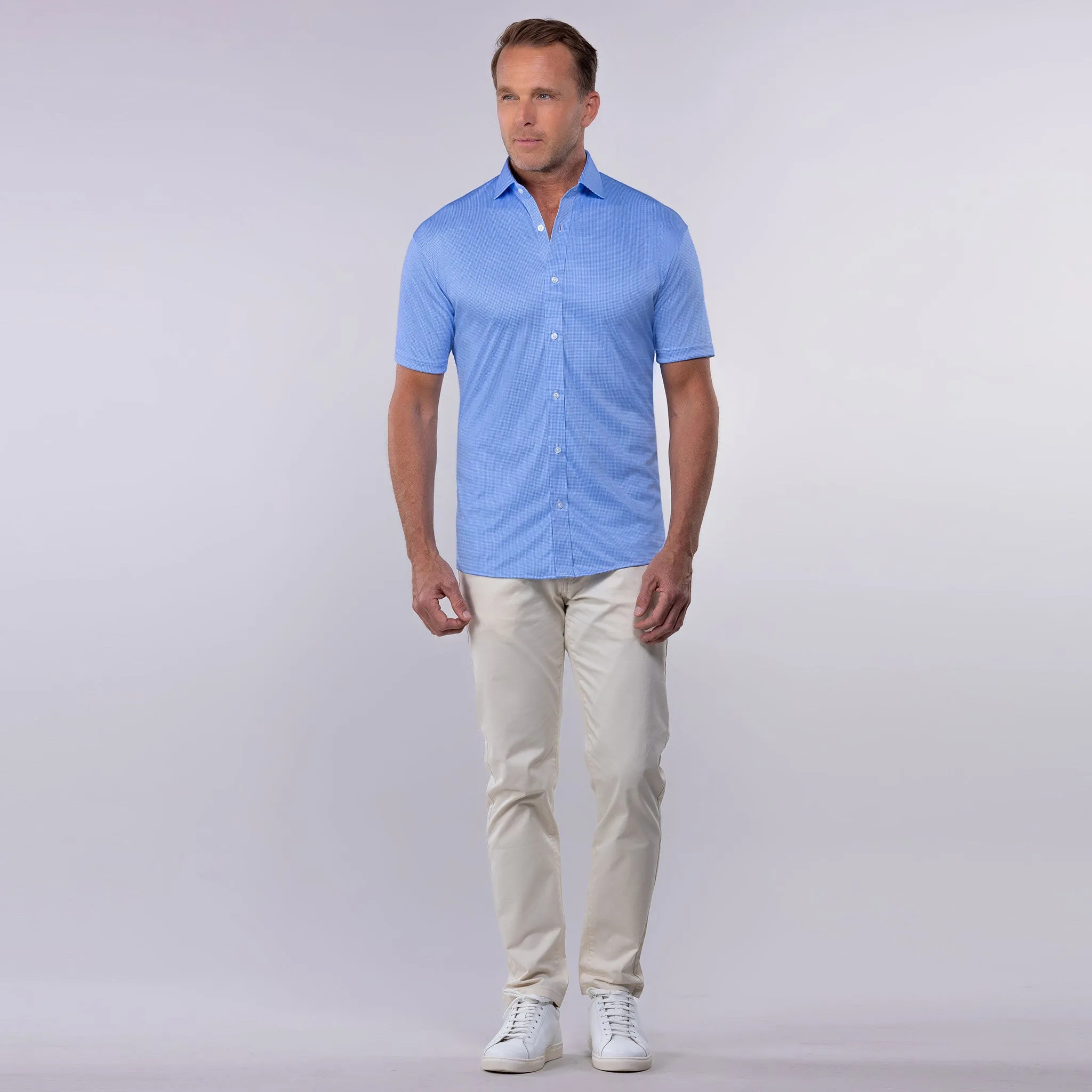 Quattro Flex Short Sleeve Button Down Blue Houndstooth