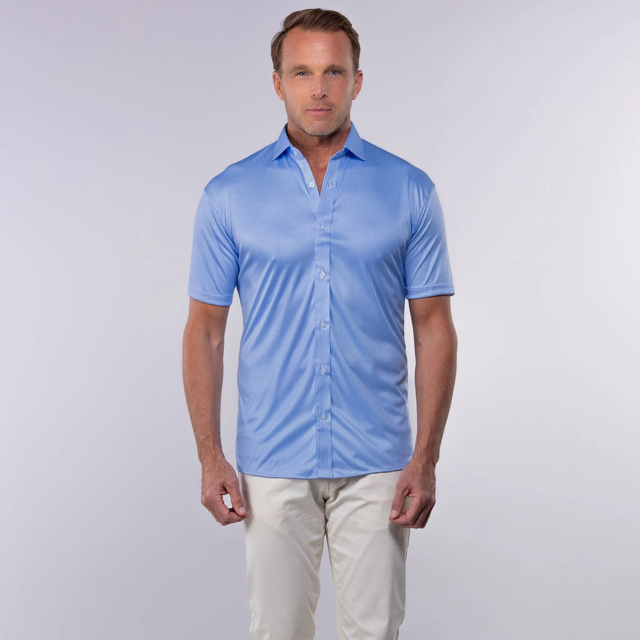 Quattro Flex Short Sleeve Button Down Blue Houndstooth