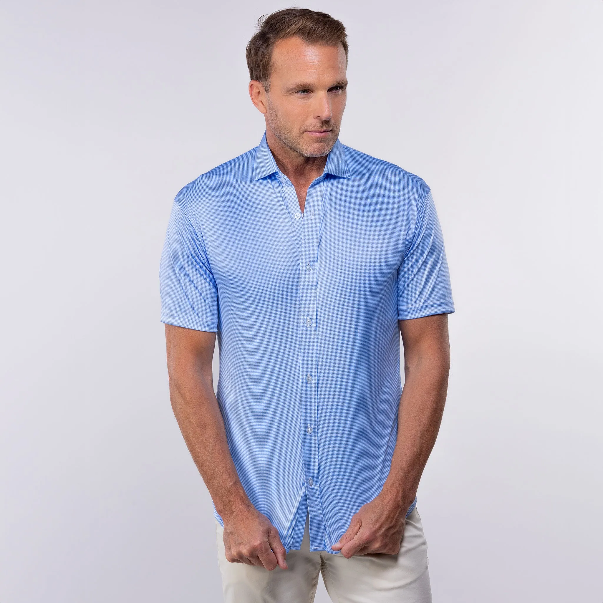 Quattro Flex Short Sleeve Button Down Blue Houndstooth