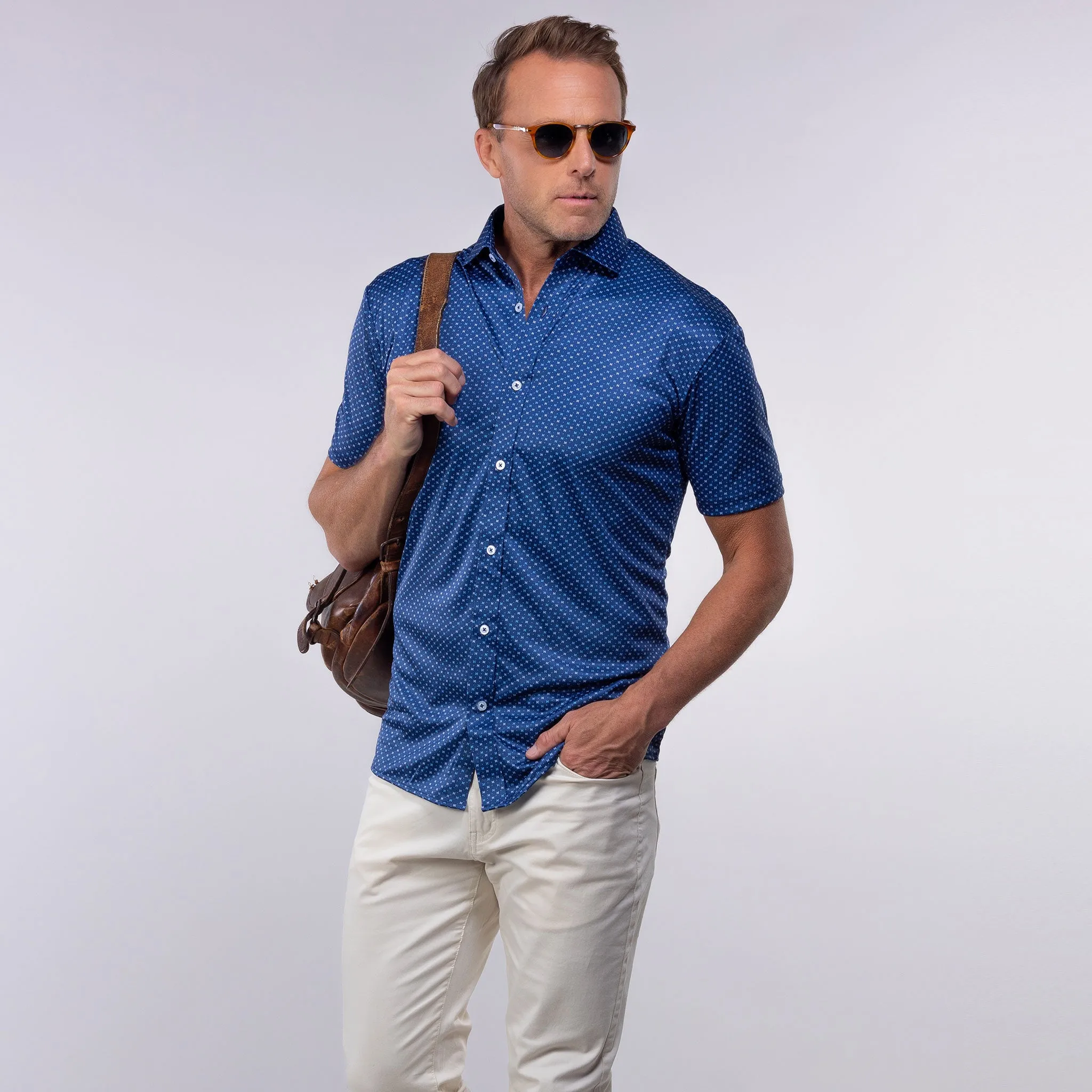 Quattro Flex Short Sleeve Button Down Los Cabos Blue Star