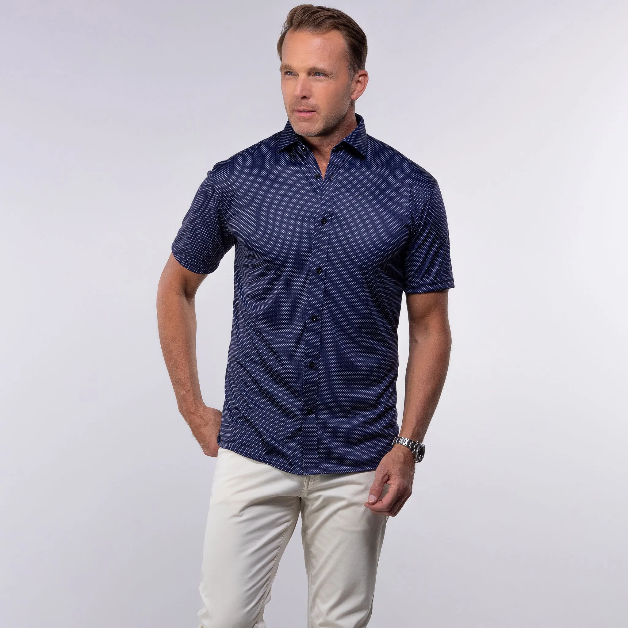 Quattro Flex Short Sleeve Button Down Midnight Micro Dot