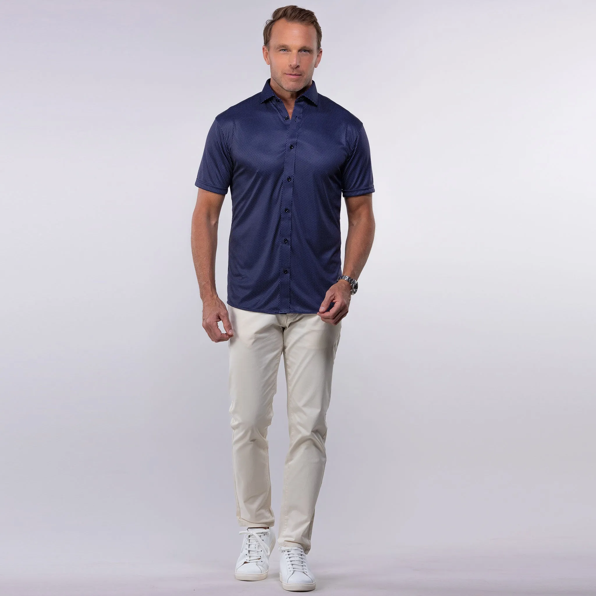 Quattro Flex Short Sleeve Button Down Midnight Micro Dot