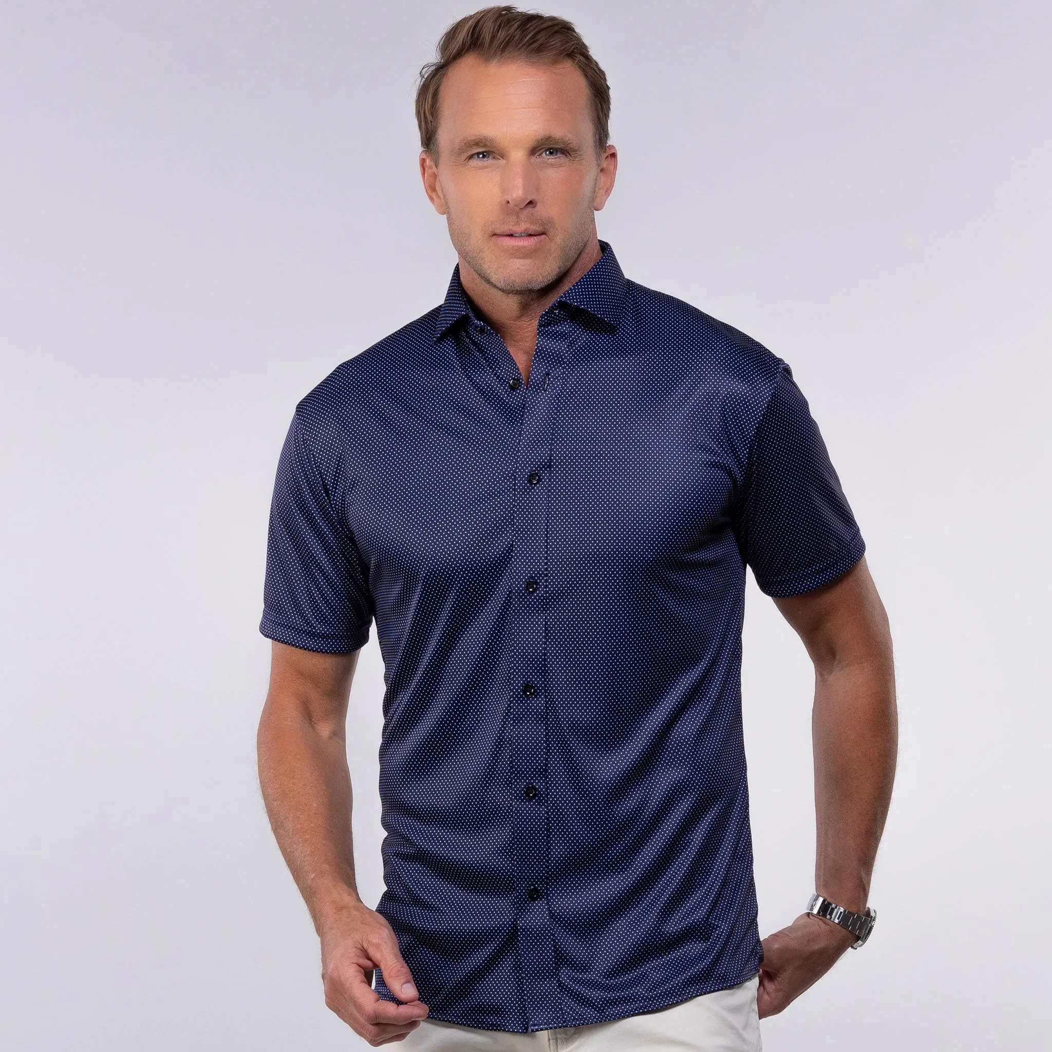 Quattro Flex Short Sleeve Button Down Midnight Micro Dot