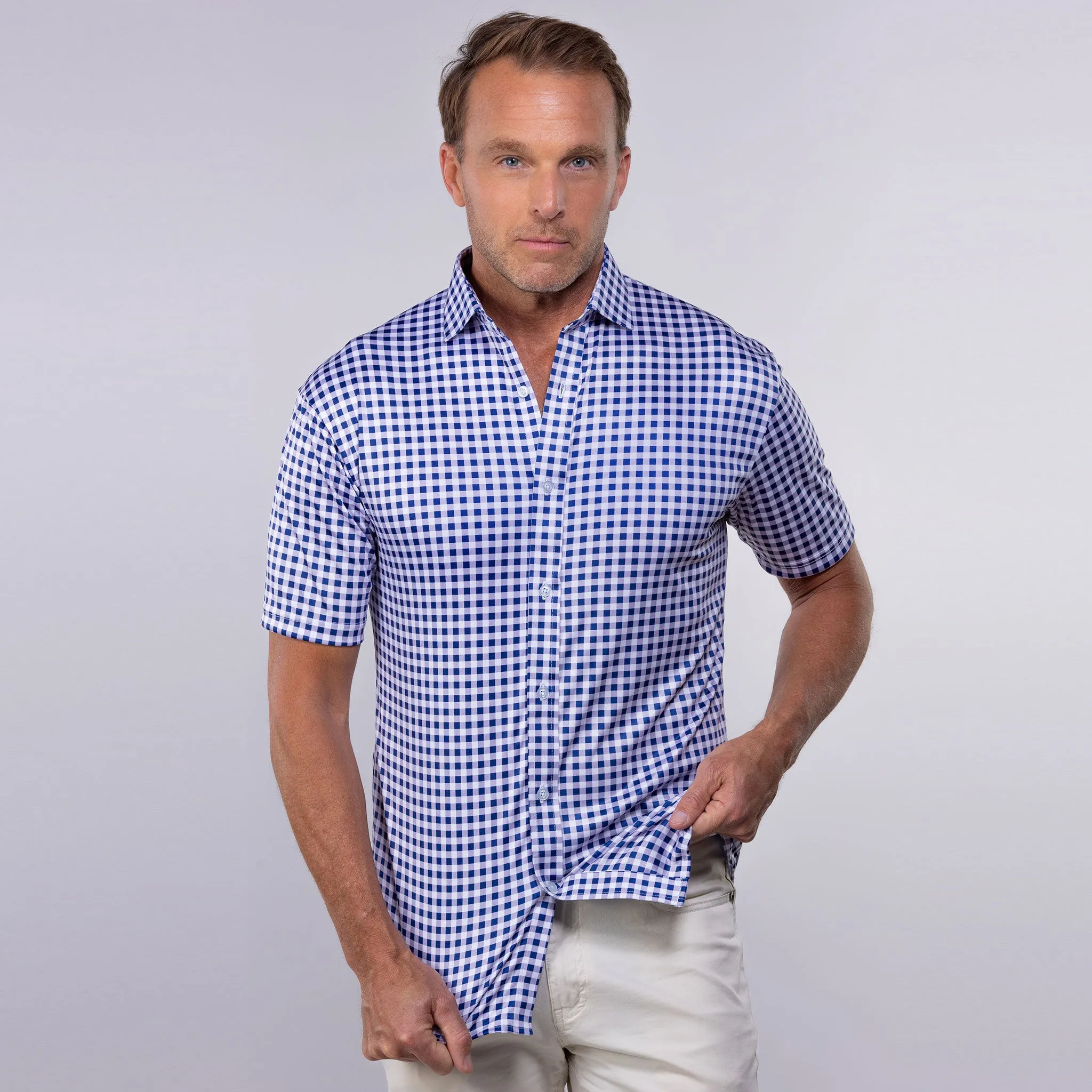 Quattro Flex Short Sleeve Button Down Navy Gingham