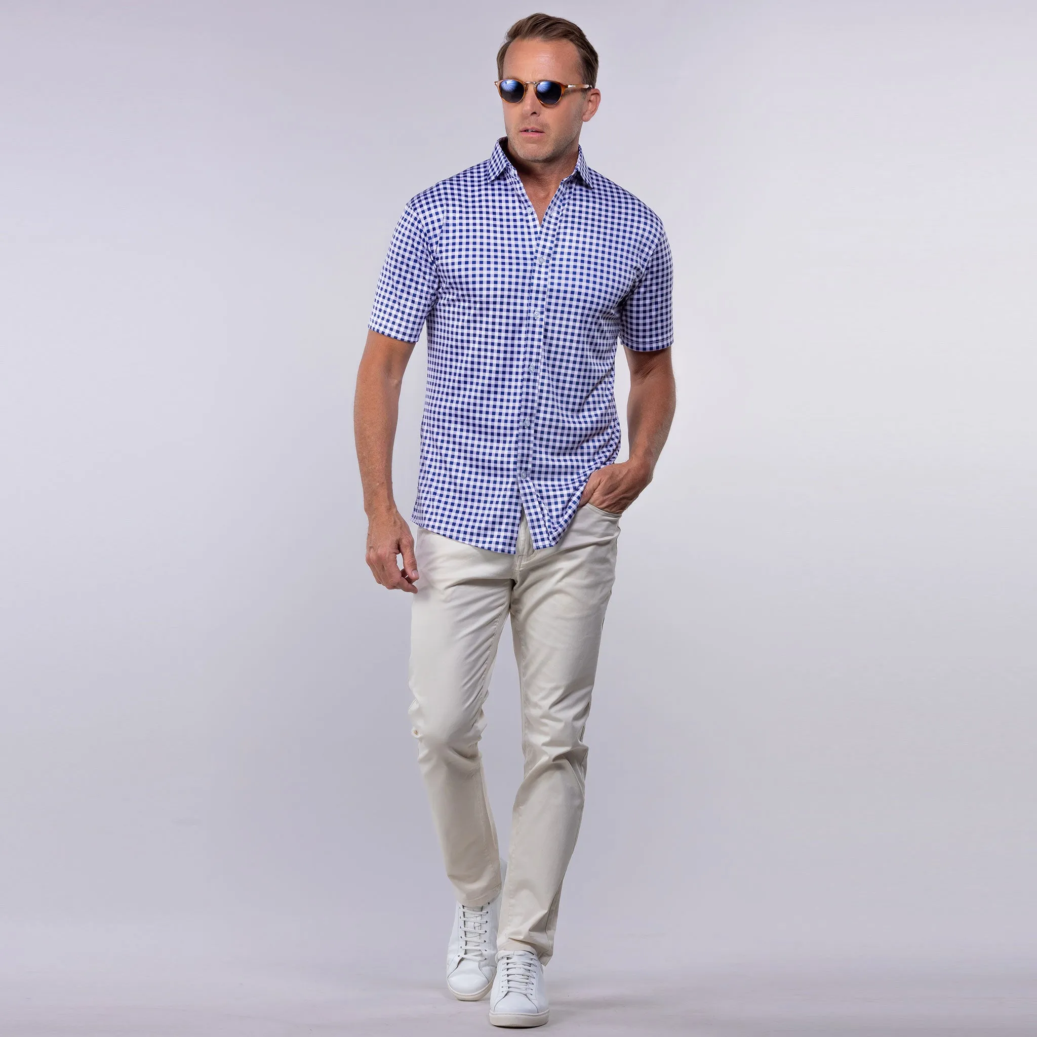 Quattro Flex Short Sleeve Button Down Navy Gingham