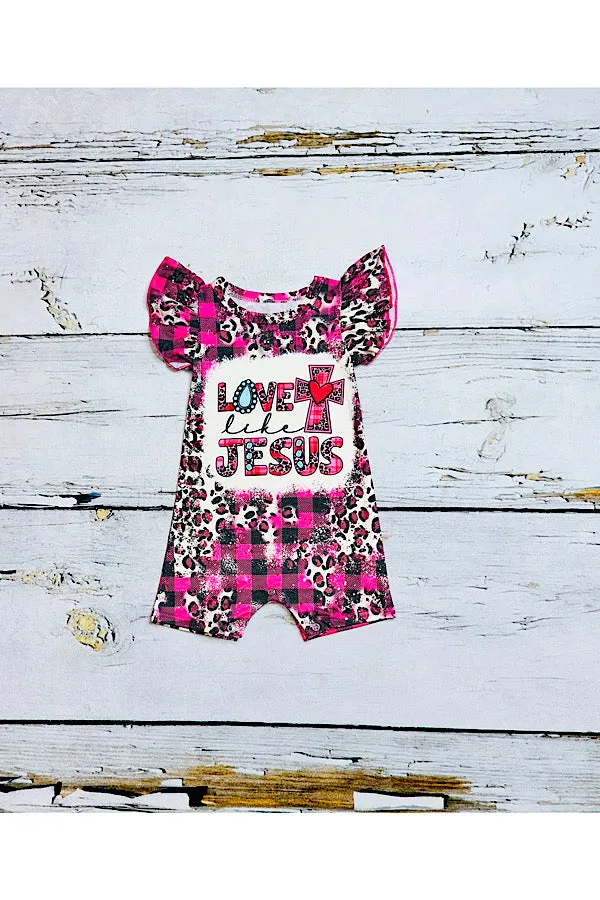 "LOVE LIKE JESUS" cheetah & pink/black plaid baby romper DLH2328