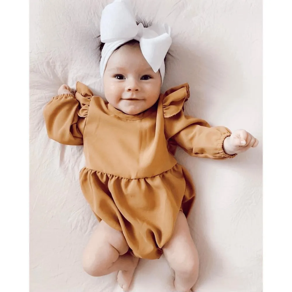 Rhodes Ruffle Bubble Romper in Dusty Mustard