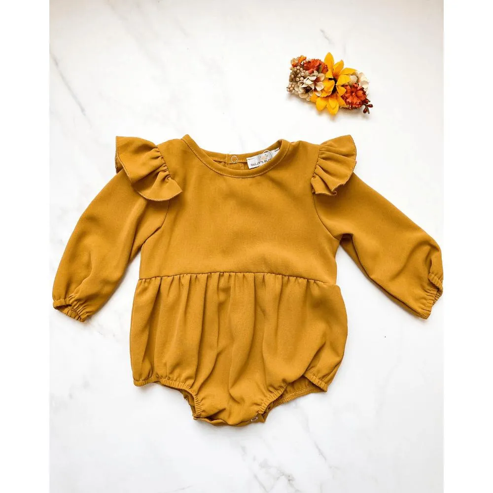 Rhodes Ruffle Bubble Romper in Dusty Mustard