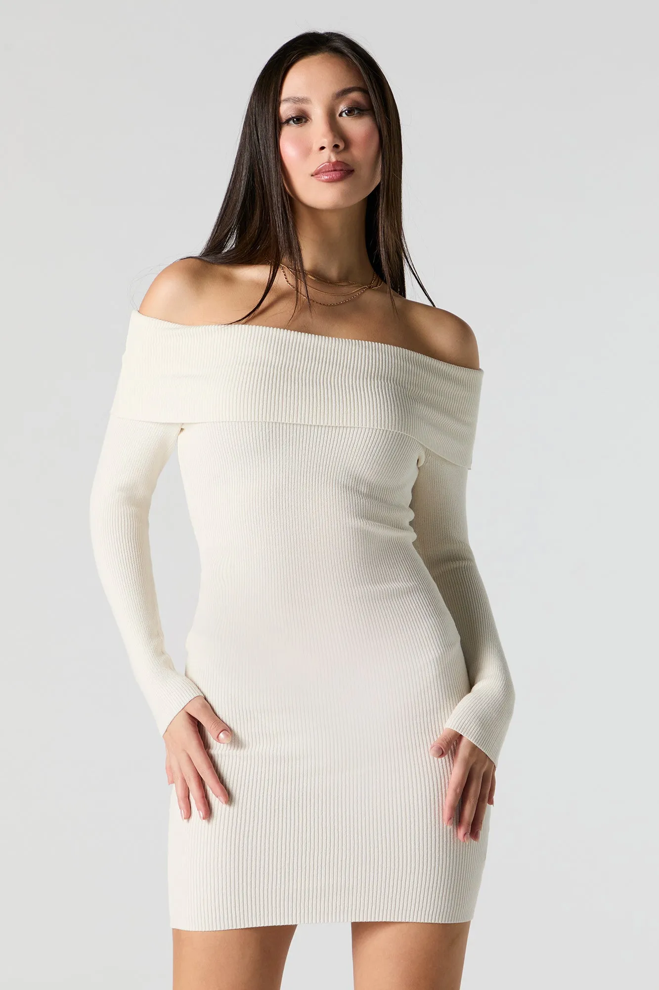 Ribbed Knit Off Shoulder Mini Sweater Dress