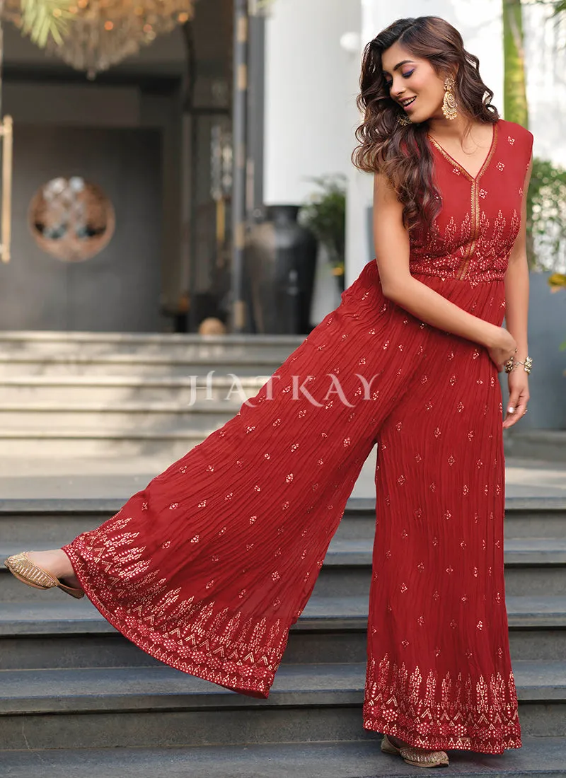 Rouge Red Traditional Embroidered Flared Jumpsuit