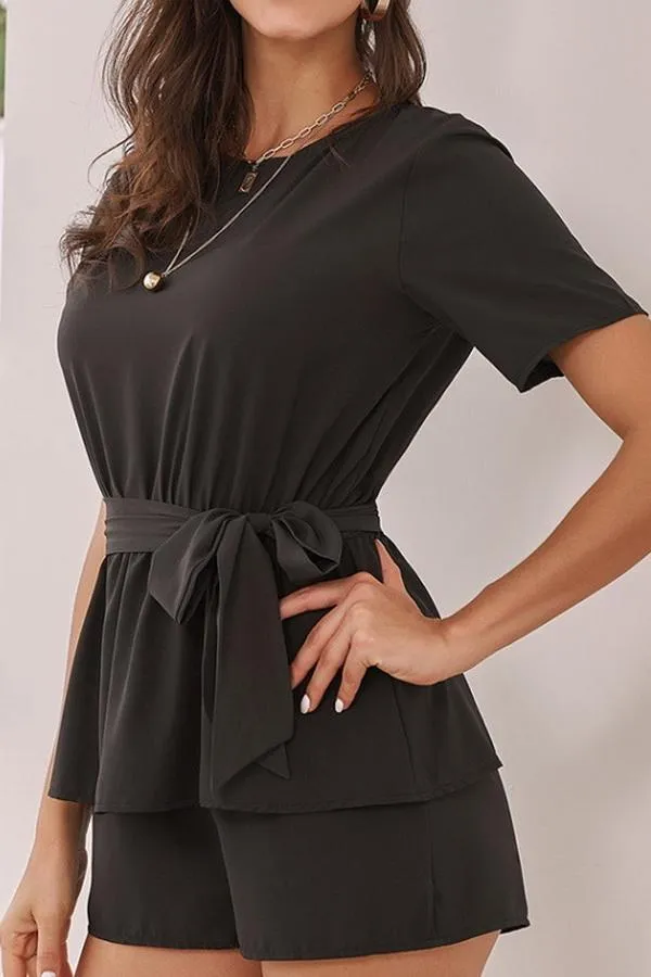 Round Collar Short Sleeve High Waist Tie Jumpsuit