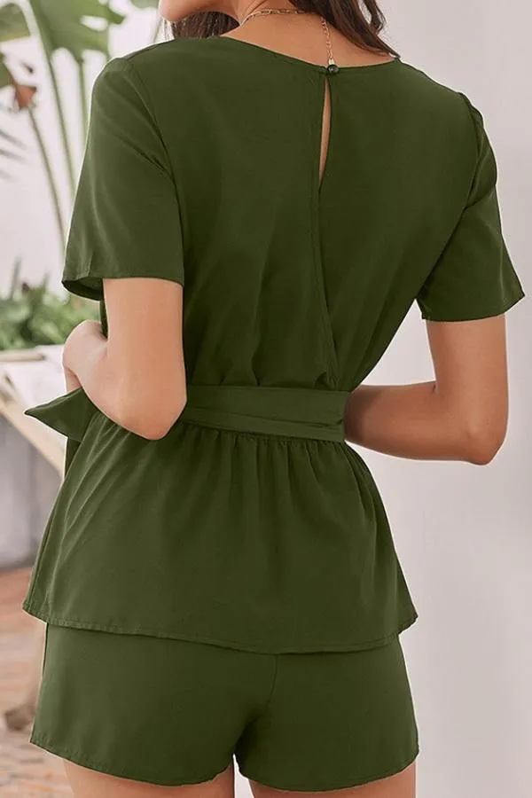 Round Collar Short Sleeve High Waist Tie Jumpsuit