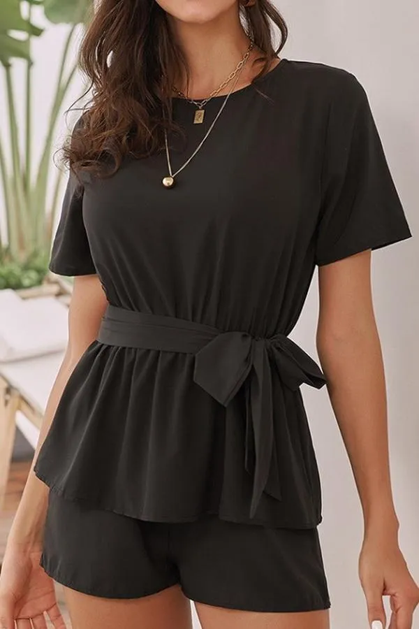 Round Collar Short Sleeve High Waist Tie Jumpsuit