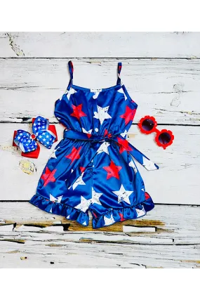 Royal blue w/red & white stars satin girls romper DLH2453