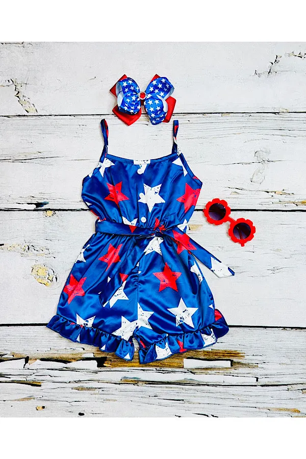 Royal blue w/red & white stars satin girls romper DLH2453